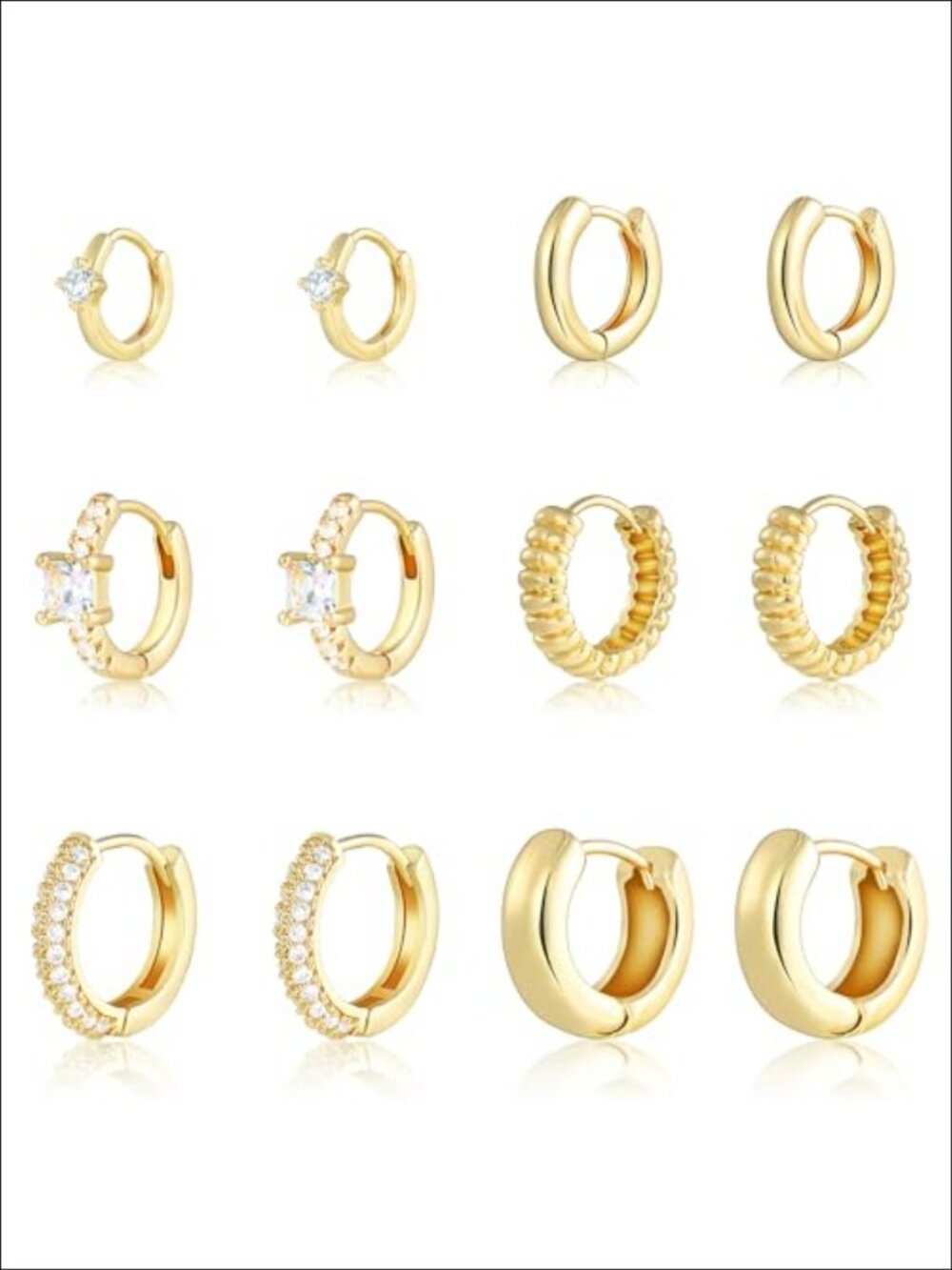 14K Gold Plated Hoop Earrings Set 6 Pairs Hypoallergenic CZ Huggie Hoops